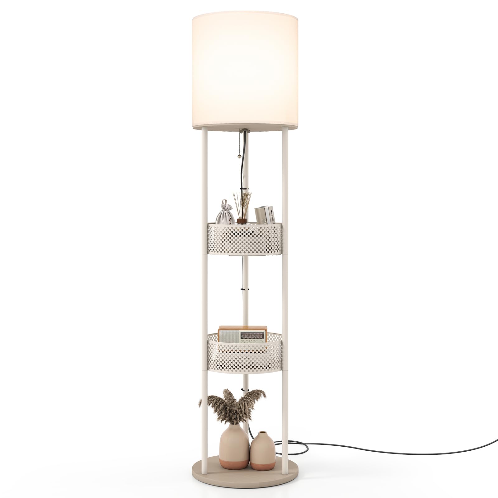 COSTWAY Floor Lamp with 3 Storage Shelves & Linen Fabric Shade