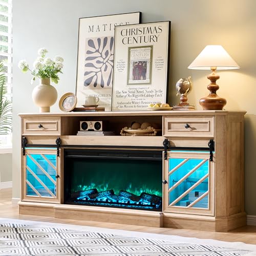 OKD 75” Fireplace TV Stand for 85 Inch TV, Farmhouse Highboy Entertainment Center with 36” Electric Fireplace, Modern Media Console Table with Drawers Storage&Cabinets for Living Room, Natural Oak