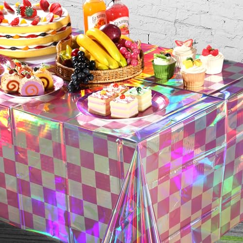 Image of 6 Pack Pink and Iridescent Checkered Plastic Tablecloth, Shiny Disposable Laser Rectangle Table Covers, Holographic Foil Tablecloth Iridescent Party Decorations for Picnic Camping Outdoor, 54x108Inch