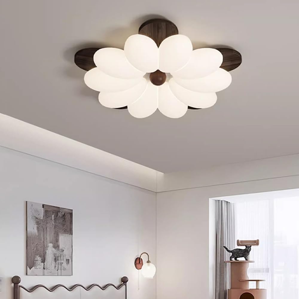 Sufitowa Led Flower, Drewniana, Do Sypialni, Z Akrylowym Kloszem, 50 W, 3 Kolory, Regulowana, Półpłaska, Do Salonu
