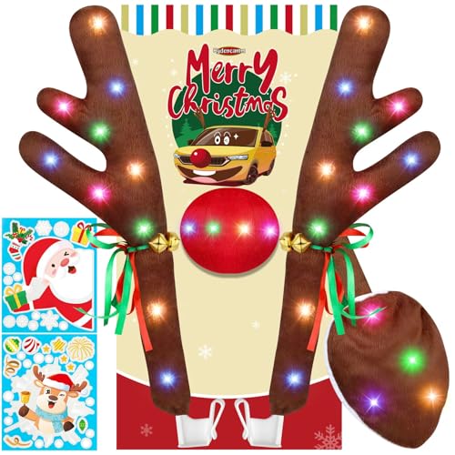 Hydencamm Reindeer Antlers Car with Lights Car Reindeer Antlers for Car Window Roof-Top & Front Grille with Jingle Bells Car Antlers and Nose Compatible with Car SUV Jeep Truck