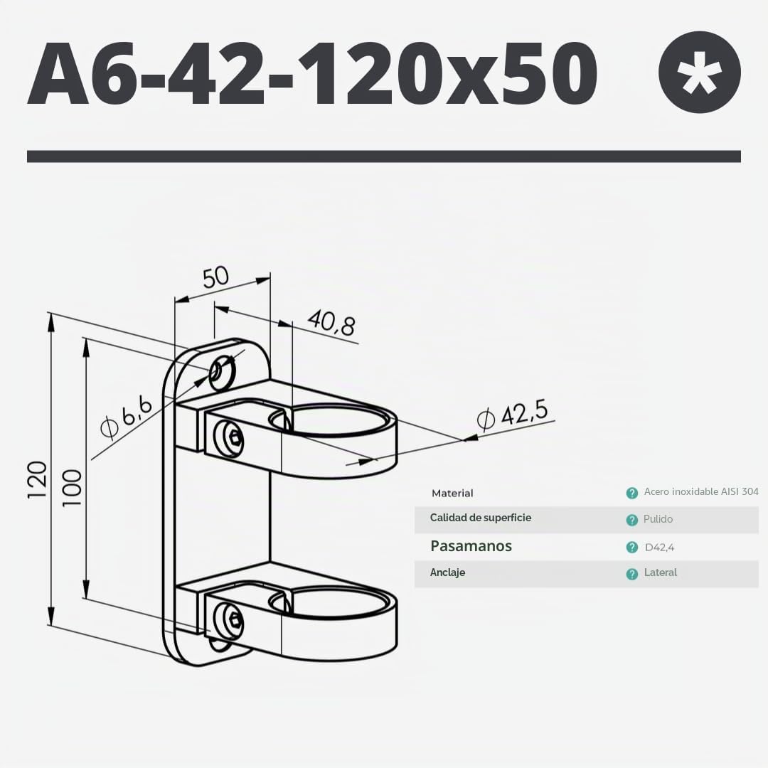 Sellon24® Anclaje de pared de acero inoxidable, redondo, poste de barandilla de 42,4 mm, ajustable, soporte para postes, redondo, soporte para tubos, estable, lateral, soporte de pared, pieza de