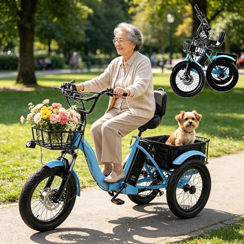 Triciclo eléctrico para Adultos, Plegable de 18 Pulgadas, 7 velocidades, Ruedas Anchas, Cesta de Carga, autonomía de 45 km, 3 Modos, Pantalla LCD, bocina de Seguridad, Faro LED, Triciclo de