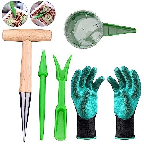 Pflanzholz, 5-Teiliges Pikierstab Set mit Pikierholz, Miniatur Gartenarbeit Werkzeug Werkzeug, mit Sämaschine Pflanzgefäß und Handschuhe, für Zum Pflanzen und Blumenzwiebeln