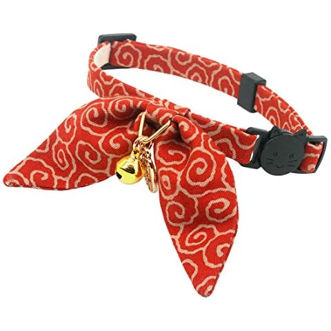 PetSoKoo Bunny Ears Cat Collar, Japan Lucky ‘開三運’ Charm. Safety Breakaway Bowtie Kitten Collar with Bell, Red Cover