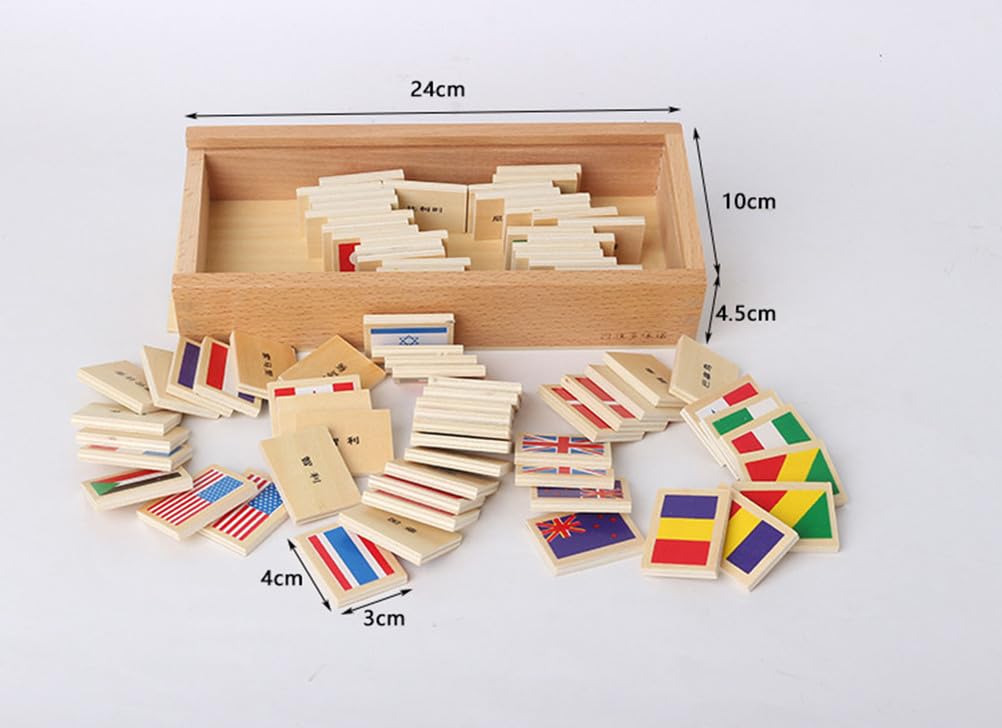 Dominos des Drapeaux Montessori, Jouet en Bois pour la Reconnaissance des Drapeaux du Monde et Jeu d'apprentissage sensoriel