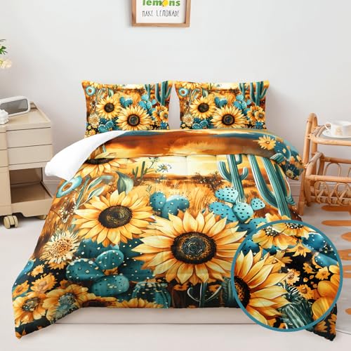 Image of AILONEN Sunflower Full Bedding Set,Yellow Sunflower Green Cactus Western Comforter with 2 Piowcases,3-Piece Watercolor Bed Set for Room Decor