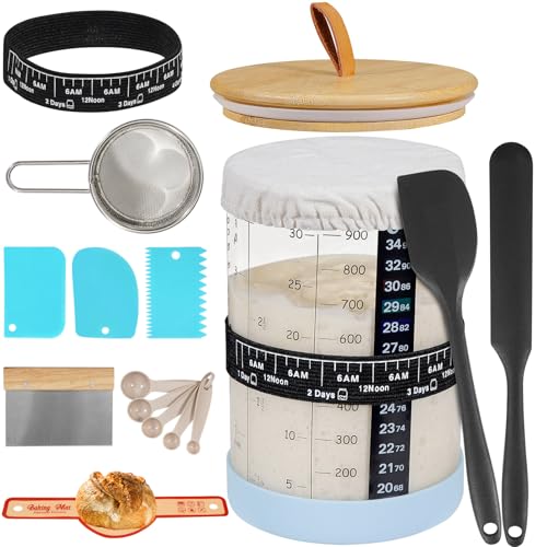 Foyofly Sourdough Starter Jar,Sourdough Starter Kit with Ounce&ML Scale Line,Date Marked Feeding Band, Thermometer, Sourdough Jar Scraper, Silicone Lid,Cloth Cover & Bamboo Wood Lid(30oz/900ml)