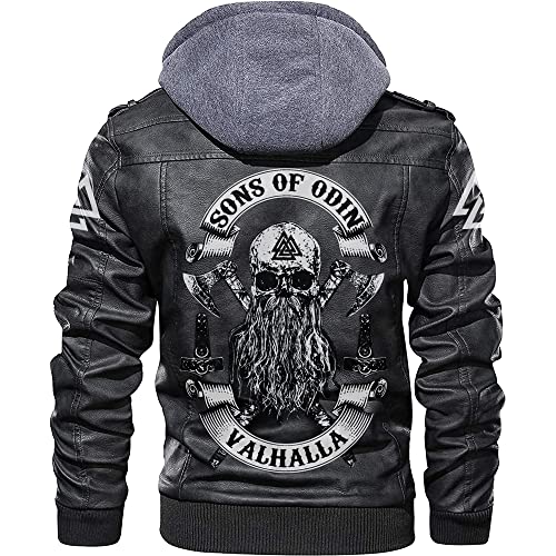 Men's Fleece Lined PU Leather Jacket with Odin's Son Pattern, Multiple Sizes for Versatile Wear