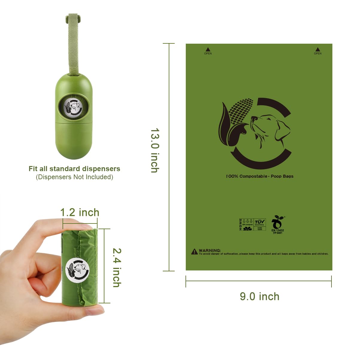 Bolsa compostable certificada, 120 unidades, ecológicas y a prueba de fugas, fácil de abrir, 100% compostable, verde bosque para perro, 15 bolsas para perros por rollo (8 rollos)