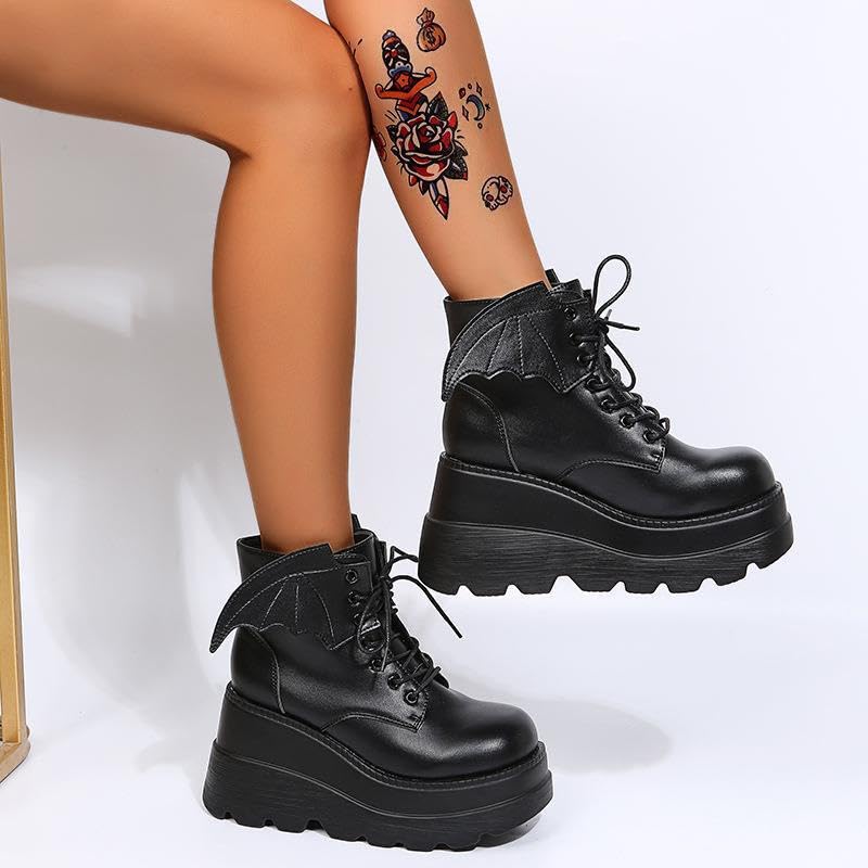 Image of Womens Goth Platform Boots Chunky High Heel Booties Round Toe Combat Ankle Boots Womens Lace Up Motorcycle Wedges Shoes