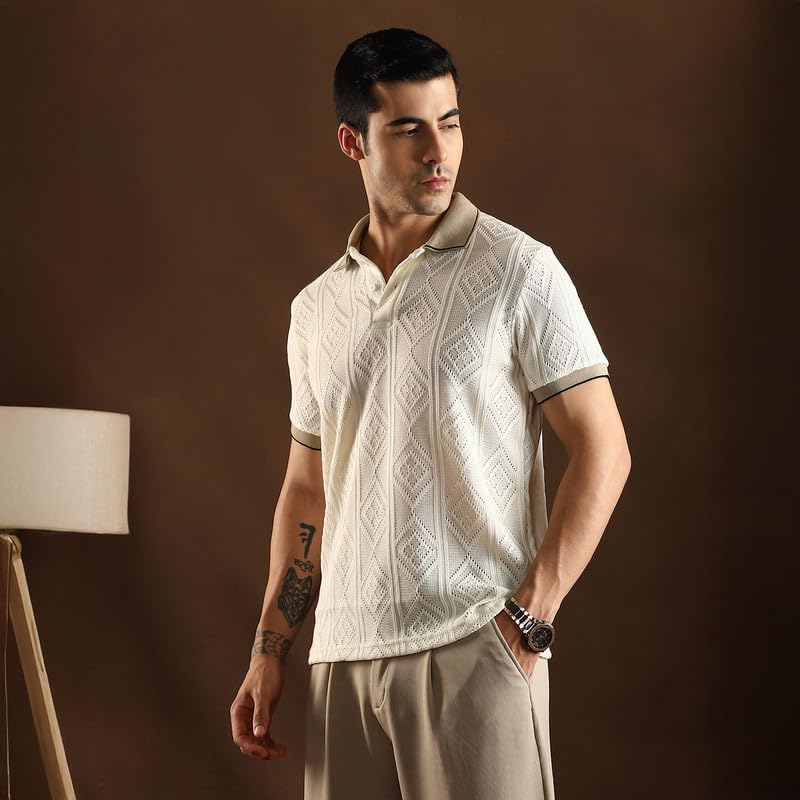 Image of CAHOOT Men's Chalk White & Sand Beige Contrast Rhombus Polo T Shirt for Casual Wear