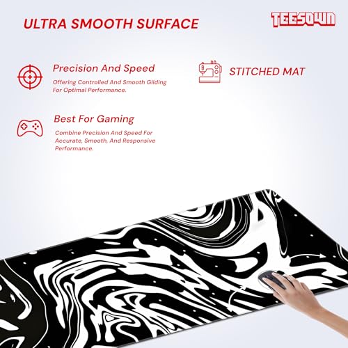 Image of Stitched Black & White Abstract Design - XL Gaming Mouse Pad 12x31 Inch | Desk Mat for Computer, Keyboard & Mouse | Smooth Surface, Anti-Slip Rubber Base, Water Resistant