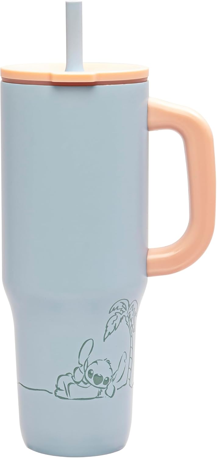 Zak Designs Disney Sutton Travel Tumbler for On the Go or At Home, 40oz Stainless Steel with Vacuum Insulation, Silicone Straw, Carry Handle, and 3D Artwork for Cold Drinks (Stitch)