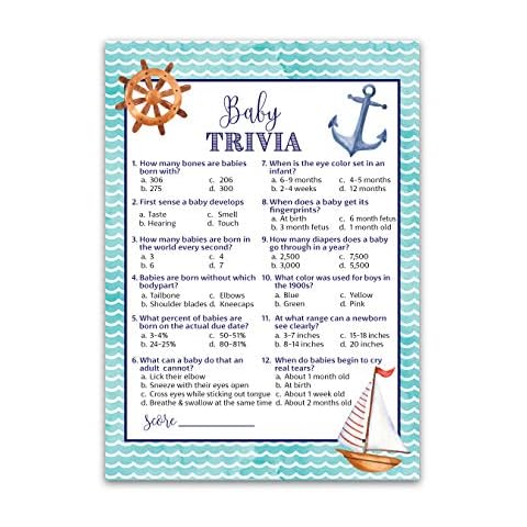 NAUTICAL Baby Shower Games — BABY TRIVIA Game — Pack of 25, Rustic Navy Blue Anchor, Ahoy BOY Baby Shower Game, Sail Boat Fun Baby Facts Game Gender Neutral Nautical Theme Shower Activity G807-TRV Cover
