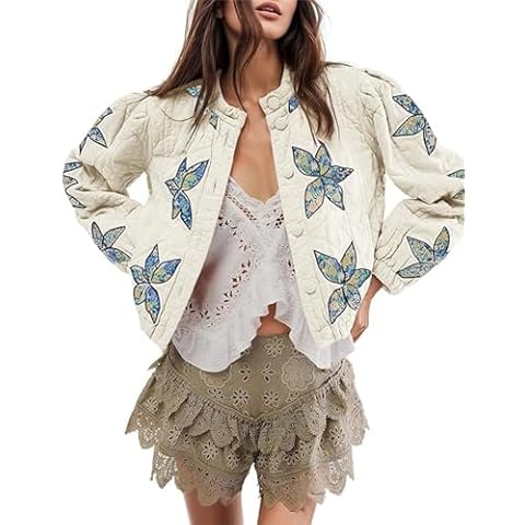 OPCAKM Women's Cropped Puffer Jacket Lightweight Flower Embroidery Quilted Outerwear Coats(White-XL) Cover