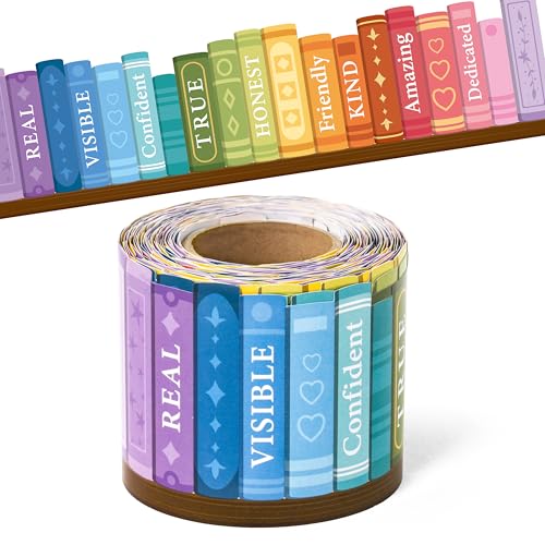 Image of BeYumi Inspirational Bookshelf Border Trim - 65ft Back to School Colorful Books Motivational Words Rolled Border Trim Bookshelf Bulletin Board Library Classroom Office Chalkboard Wall Party Decoration