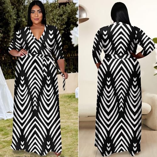 Image of Runwind Plus Size Dresses for Women Floral Maxi Dress Flowy 3 /4 Sleeve with Belt