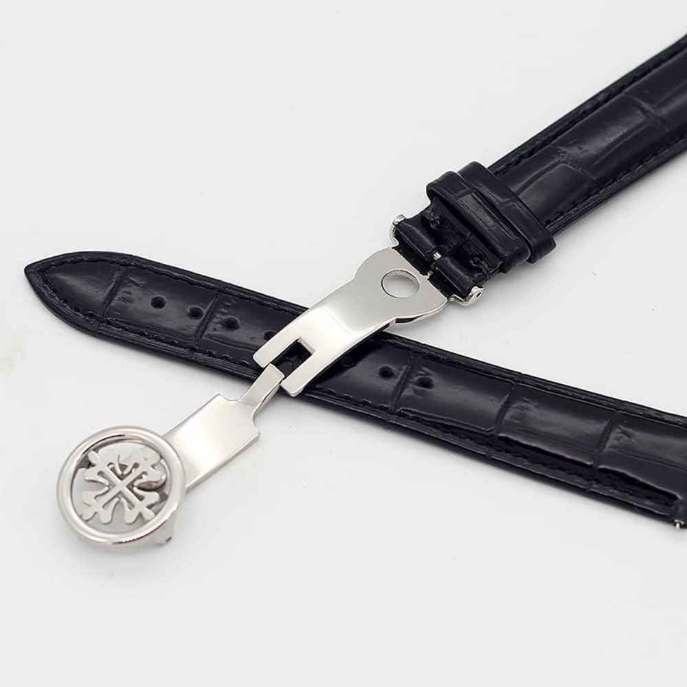 Cinturino per Orologio in Vera Pelle 19MM 20MM 22MM Cinturini per Cinturini Wath con Chiusura deployante in Acciaio Inossidabile Uomo Donna,Black Silver clasp-20mm