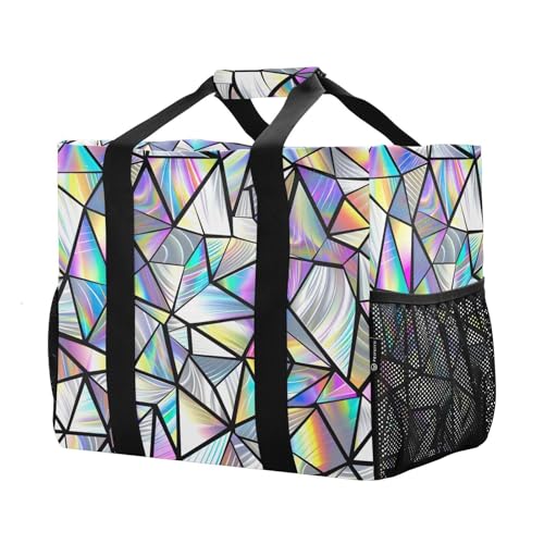 YETTASBIN Iridescent Triangles Large Foldable Travel Tote Bag, Lightweight Waterproof Swim Pool Bag with Handles & Pocket for Beach Outdoor, Reusable Grocery Bag for Kitchen, Shopping