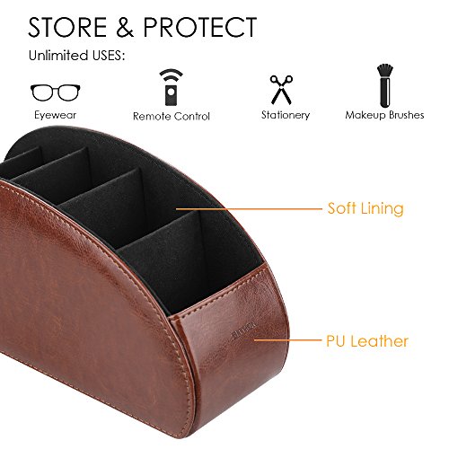 Image of SITHON Remote Control Holder with 5 Compartments - PU Leather Remote Caddy Desktop Organizer Store TV, DVD, Blu-Ray, Media Player, Heater Controllers, Brown