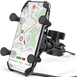 Suporte de Celular para Moto com Carregador USB 2.4, Fixação por Garra no Retrovisor ou Parafuso do Guidão, Resistente, Antivibração, Rotação 360°, Designer Ergonômico, Compatibilidade até 6.8"