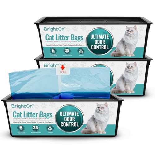 BrightOn Litter Bag Refill Roll for Genie Easy Roll Litter Bin, Ultimate Odor Control,(Unscented) (75 Bags / 3 Dispensers)