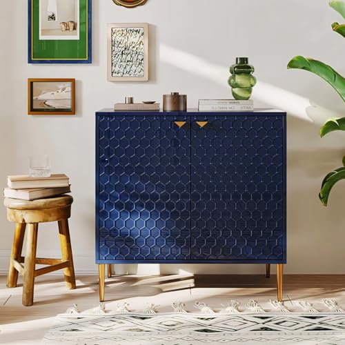 Image of Hexagon Pattern Wooden Sideboard Cabinet | 2 Door Storage Unit with Metal Legs | Premium HDMR Wood Console Cabinet for Living Room, Kitchen & Dining | DIY Leg Assembly | Blue