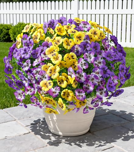 Ivydale 20PCS Artificial Fake Pansy Flowers for Outdoors Spring Summer Decor Faux Silk Pansies UV Resistant Plants for Front Door Porch Yard Patio Window Box Home Decor(Purple Yellow Gradient Purple)
