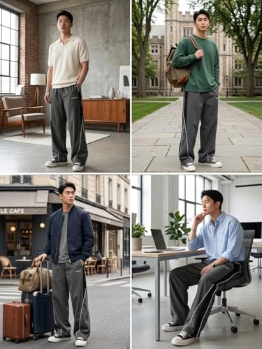Image of GRECIILOOKS Track Pants for Men Baggy Wide Leg Korean Streetwear Trousers | Relaxed Fit Baggy Pants for Men with Drawstring Waist | Casual Oversized Lower for Travel, College & Everyday Wear