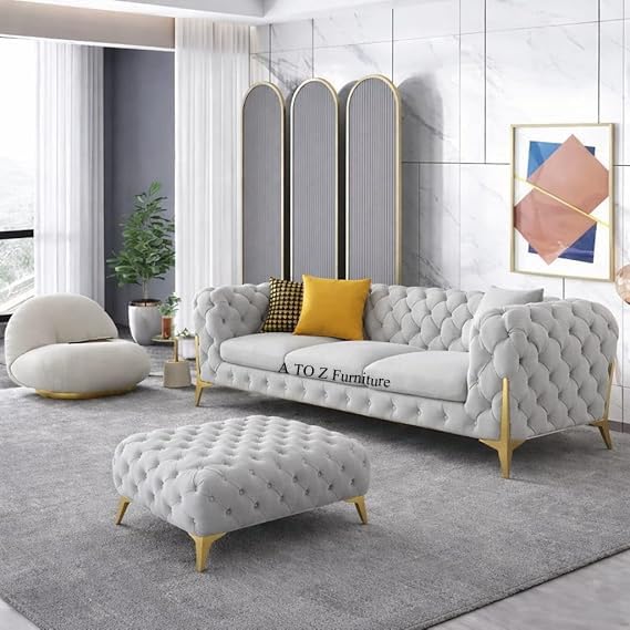 Image of A to Z Furniture Modern Classic Fabric & Valvet Tufted Chesterfield Sofa Living Room and Office (3+1= 4 Seater Sofa Set with Footrest Grey)
