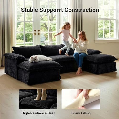 Image of Claiks 123 inch Modular Boneless Couch, L Shaped Couch for Living Room, Modern Deep Seat Sofa 3 Seater Chenille Fabric Comfy Cloud Couches with Movable Ottoman, Black
