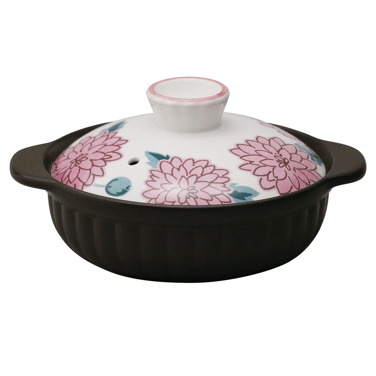 Suzuki 7223-0670 Earthenware Pot, Direct Fire, Microwave Compatible, For One Person, No. 6.5, Thermatec Floral Pattern, Pion, Black, 30.4 fl oz (900 ml)