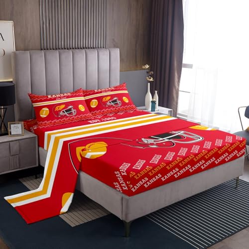 Feelyou American Football Bed Sheets Set Queen Size Kansas Bed Set for Kids Boys Girls Football City Gift Deep Pocket Fitted Sheet Breathable Soft Lightweight Microfiber