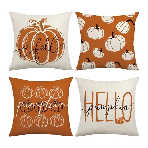 Set Of 4 Autumn Cushion Covers 45 X 45cm Square Pumpkin Cushions Pillow Protectors Throw Pillow Cases With Invisible Zipper For Sofa Couch Bedroom Living Room Halloween Orange Fall Decorative