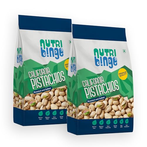 Image of NUTRI BINGE Pistachios (Pista 200 Grams - Pack of 2), California Premium Roasted and Salted Pista Dry Fruits, Fresh Nutrient Rich Vegan Healthy Snacks