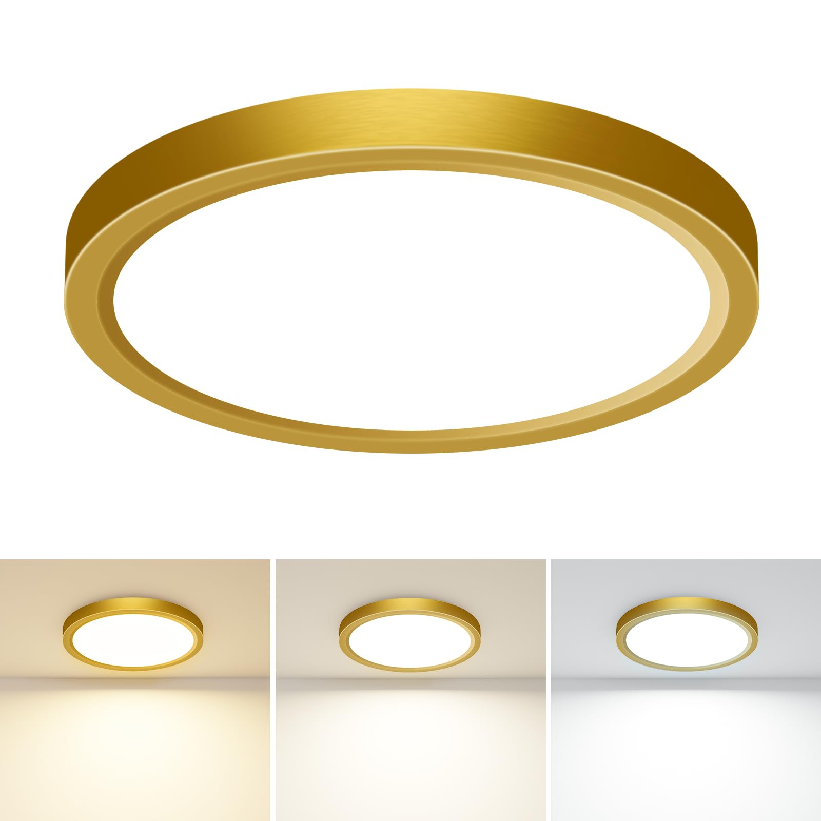 slochi Plafonnier de salle de bain, 3000 K/4000 K/6500 K, 3 températures de couleur, étanche IP44, petit, rond, moderne, encastré pour salle de bain, cuisine, chambre à coucher, couloir Ø 18 cm (doré)