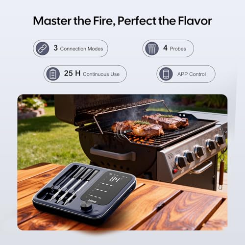 3-in-1 WiFi/Bluetooth/Thermomètre de mode local avec 4 Sondes de qualité alimentaire, Thermomètre à viande sans fil intelligent avec LCD Affichage, lecture rapide, support d'application, Thermomètre à viande numérique pour BBQ, Four, fumeur