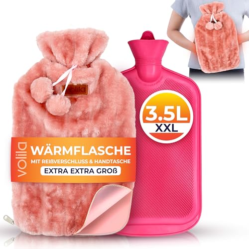 Wärmflasche Groß - 3,5L Wärmflasche mit Bezug, Rosa Wärmekissen mit Reißverschluss und Armtaschen - Zur Schmerzlinderung, für Kinder und...