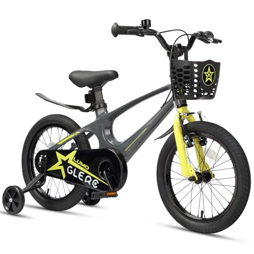 Glerc Lumo 18 Zoll Kinderfahrrad für Jungen 6 7 8 9 10Jahre, Leichtbau-Rahmen aus Magnesiumlegierung Verstellbarer Lenker & V-Brake Bremsen & Stützräder & Korb, Grau-Gelb