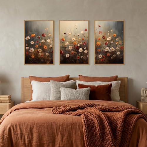 Image of KAIRNE Moody Colorful Wildflower Framed Canvas Wall Art Set,Vintage Daisy Floral Wall Decor,Watercolor Flowers Art Prints,Rustic Botanical Artwork for Living Room,Bedroom,Farmhouse,Office-16 x24 x3
