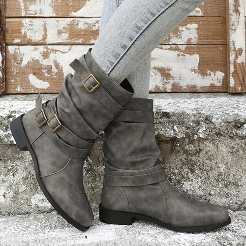 Women's Leather Slouchy Buckle Mid-Calf Boots Comfort Wide Round Toe Slip On Lug Sole Motorcycle Combat Boots Winter Low Heel Knight Boots Wide Calf Knee High Boots3