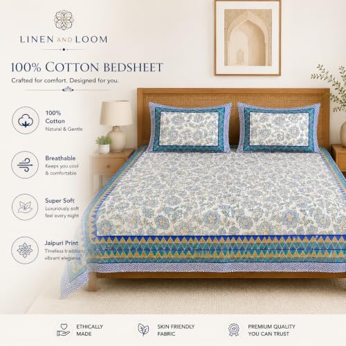 Image of Authentic Jaipuri Print King Size Bed Sheet Set (93 inch x 108 inch) Breathable Cotton | Deep Pocket Fits Up to 18 inch Mattress | Blue Floral Design with 2 Pillow Covers