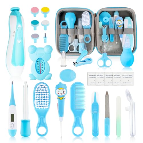 Image of Baby Healthcare and Grooming Kit, 27pcs Baby Electric Nail Trimmer Set Newborn Nursery Health Care Set for Newborn Infant Toddlers Baby Boys Girls Kids Haircut Tools (Pink） (27 Kits Blue)