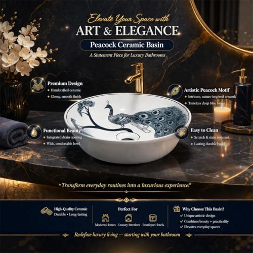 Image of BASSINO 16x16x5 Inches Table Top Washbasin /Premium White-Blue Ceramic Wash Basin /Designer Basin for Bathroom,Home,Hotel /Round Shape Sink with Peacock Design /Wash Basin for Living Room(Glossy)