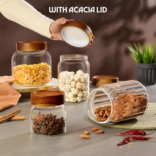 Image of Borosil Glass Jar with Acacia Wood Lid | Borosilicate Glass Storage Jar for Dry Fruits, Spices & Snacks | Airtight Glass Container for Kitchen & Pantry (Linea, 900ml)