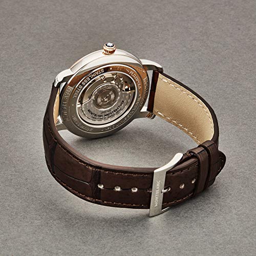MONTBLANC Star Mens 18K Rose Gold Stainless Steel Automatic Luxury Watch - 39mm Silver Face with Second Hand, Date and Sapphire Crystal - Brown Leather Strap Swiss Made Classic Watch for Men 1175773