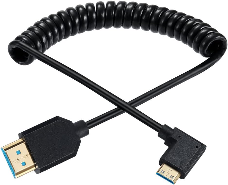 Qaoquda Mini HDMI to HDMI Coiled Cable, 90 Degree Angle 8K Mini HDMI Male to HDMI Male Spring Cord 2.1V 8K@60Hz 4K@120Hz for Tablet Graphics/Video Card, Laptop, and More (1.2M/4FT) (Left Angle)