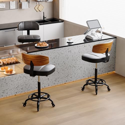 Image of Drafting Chair with Lockable Wheels, Tall Chair Adjustable Stool with Curved Walnut Backrest and Footrest Ring, PU Leather Ergonomic Rolling Chair 300LBS Capacity for Office Workstation(Black)