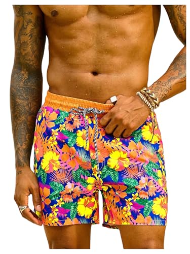 MakeMeChic Men's Floral Swim Trunks Drawstring Waist Beach Shorts with Pockets